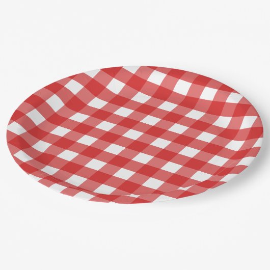 Roter Gingham Pappteller (Schrägansicht)