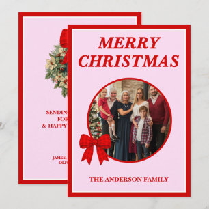 Roter Gingham-Schleifen-Familienfoto-Weihnachten Feiertagskarte