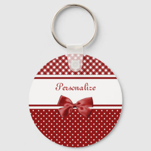 Roter Gingham-Schleifen-Name Schlüsselanhänger