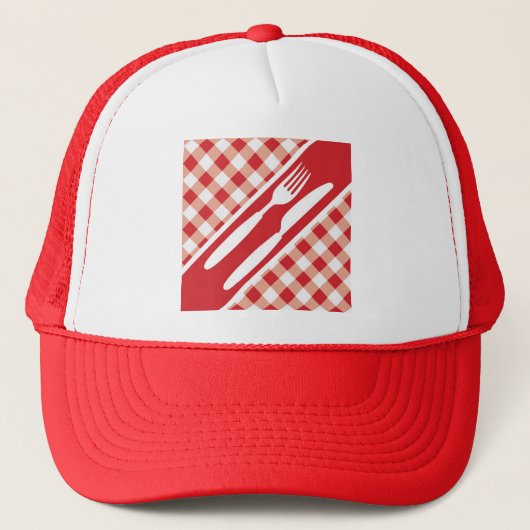 Roter Gingham u. Tischbesteck Truckerkappe (Vorderseite)