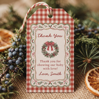 Roter Gingham Vintage Weihnachten Baby Shower Geschenkanhänger
