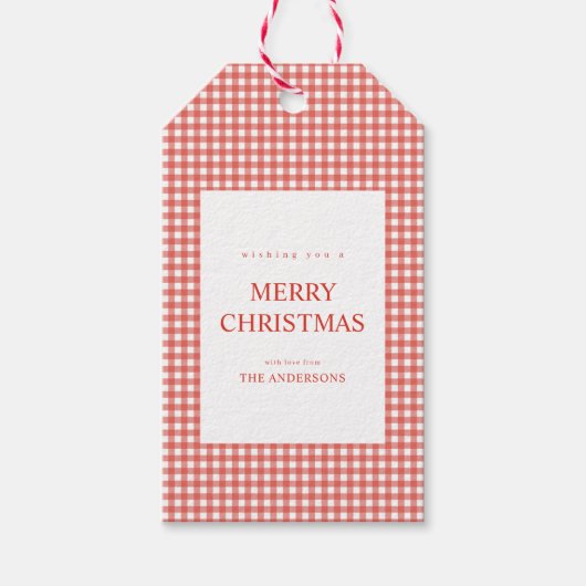 Roter Gingham-Weihnachten Geschenkanhänger (Vorderseite)