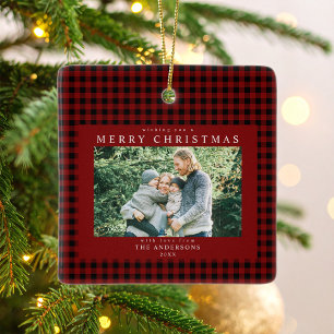 Roter Gingham-Weihnachtsfoto Keramikornament