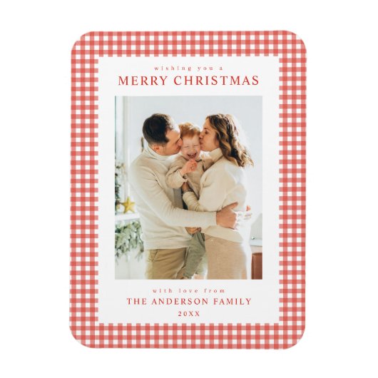 Roter Gingham-Weihnachtsfoto Magnet (Vertikal)