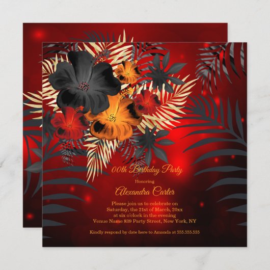 Roter Glanz Orange Black Hibisken Birthday Party Einladung (Vorne/Hinten)