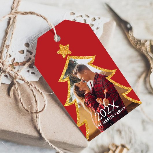 Roter glänzender Weihnachtsbaum personalisiertes F Geschenkanhänger