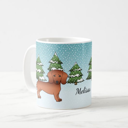 Roter, glatter Dackel Niedlicher Hund - Winterwald Kaffeetasse (Vorderseite Links)