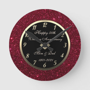 Roter Glitter-Diamant 50. Hochzeitstag  Runde Wanduhr