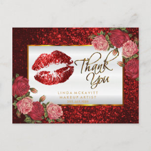 Roter Glitter-Lippenstift und Rosen - Dankeschön Postkarte