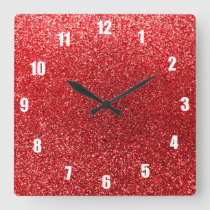 Roter Glitter Quadratische Wanduhr