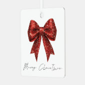 Roter Glitzer Coquette Bow Frohe Weihnachten Ornament Aus Metall (Vorderseite links)