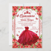 Roter Glitzer Floral Sparkle Quinceanera Einladung (Vorderseite)