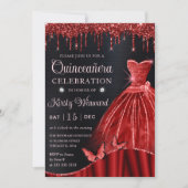 Roter Glitzer in Aquarellfarbe Kleid Quinceanera Einladung (Vorderseite)