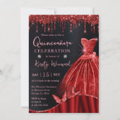 Roter Glitzer in Aquarellfarbe Kleid Quinceanera Einladung (Vorderseite)
