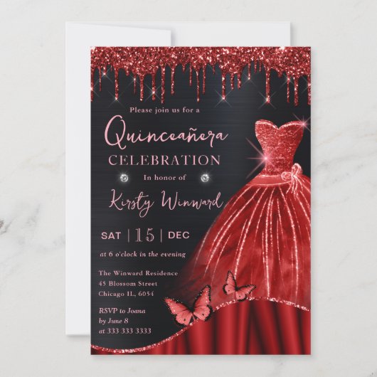 Roter Glitzer in Aquarellfarbe Kleid Quinceanera Einladung (Vorderseite)