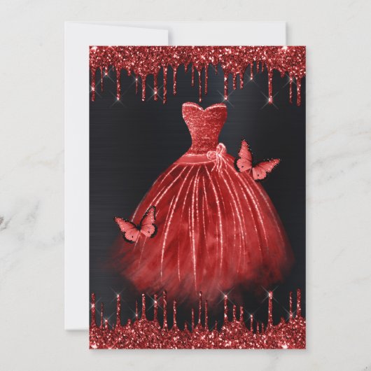 Roter Glitzer in Aquarellfarbe Kleid Quinceanera Einladung (Rückseite)