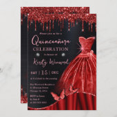 Roter Glitzer in Aquarellfarbe Kleid Quinceanera Einladung (Vorne/Hinten)
