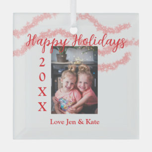 Roter Glitzer Kinderfamilie Foto Name der Feiertag Ornament Aus Glas