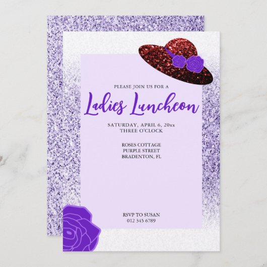 Roter Glitzer, lila Lavendel Ladys Luncheon Einladung (Vorne/Hinten)