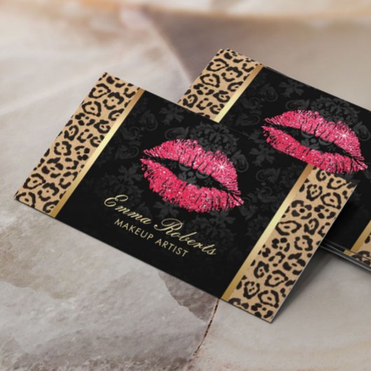 Roter Glitzer Lips Leopard Damask Makeup Artist Visitenkarte