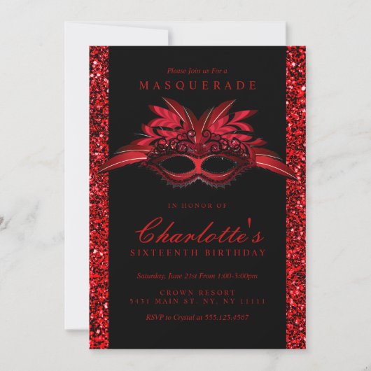 Roter Glitzer Masquerade Party Einladungen (Vorderseite)