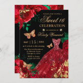 Roter Glitzer mit Aquarellfarbe Kleid & Rose 16 . Einladung (Vorne/Hinten)