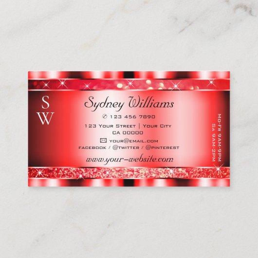 Roter Glitzer Ruby Roter Blick Sterne Initialen Visitenkarte (Rückseite)