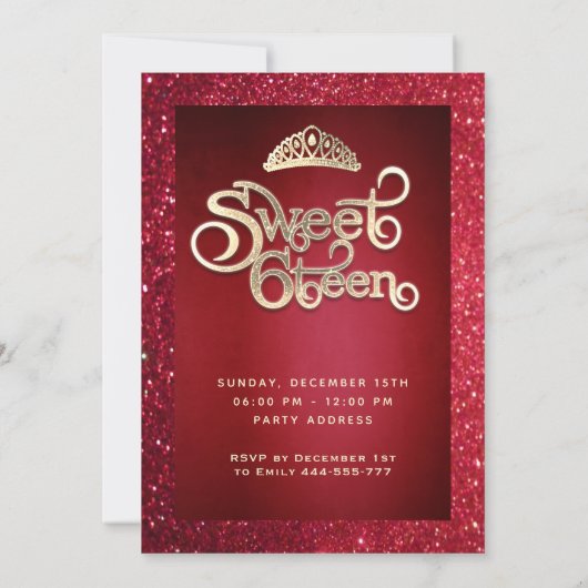 Roter Glitzer schmückendes Kleid tiara Gold typogr Einladung (Rückseite)