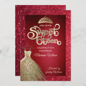 Roter Glitzer schmückendes Kleid tiara Gold typogr Einladung (Vorne/Hinten)