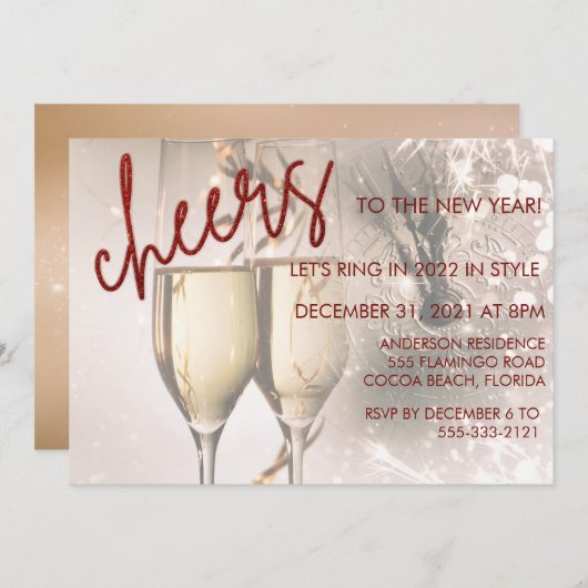 Roter Glitzer Script Neujahrsfeier Einladung (Vorne/Hinten)