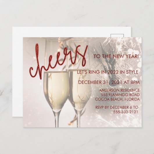 Roter Glitzer Script Neujahrsfeier Einladung Postkarte (Vorne/Hinten)