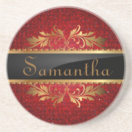 Roter Glitzer Sequel Disco Glitz Muster Untersetze Sandstein Untersetzer (Vorne)