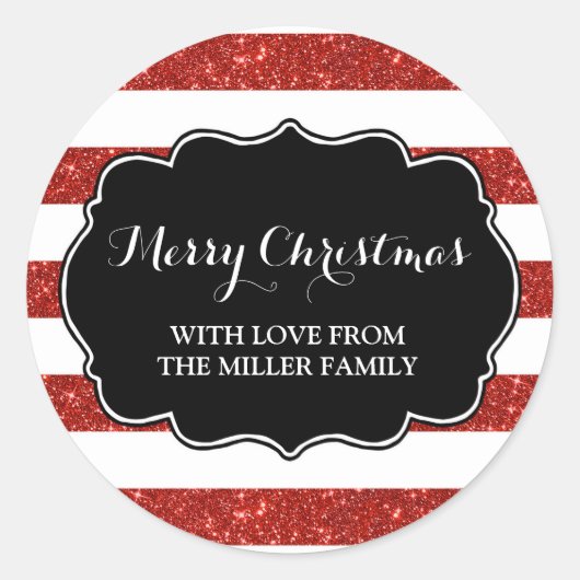 Roter Glitzer Streifen Frohe Weihnachten Custom Runder Aufkleber (Vorderseite)