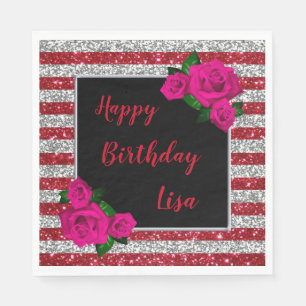 Roter Glitzer Streifen Rosa Rosen Geburtstag Serviette