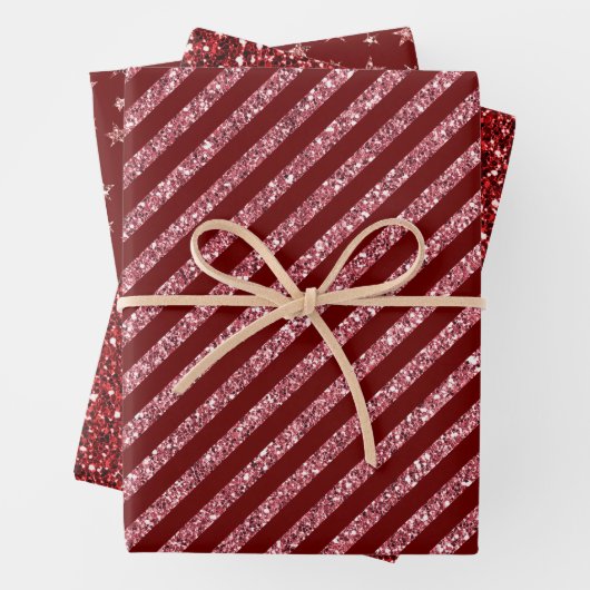 Roter Glitzer Streifen Stars Geschenkpapier Set (Beispiel)