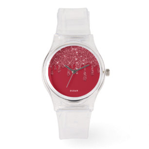 Roter Glitzer Tropfen Individuelle Name Frauen kla Armbanduhr
