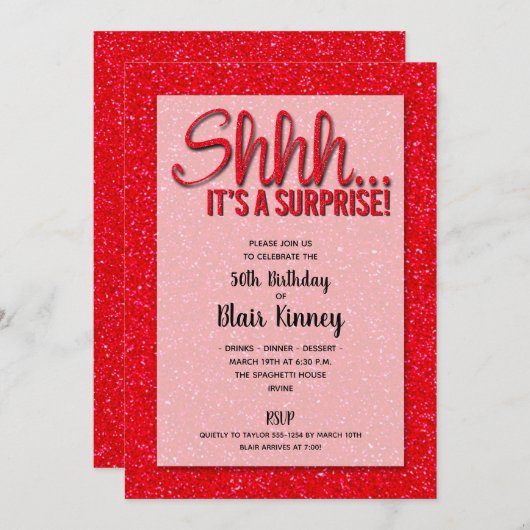 Roter Glitzer ÜBERRASCHUNG Geburtstagseinladungen (Vorne/Hinten)