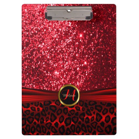 Roter Glitzer und Leopard-Skin-Design Klemmbrett (Vorderseite)