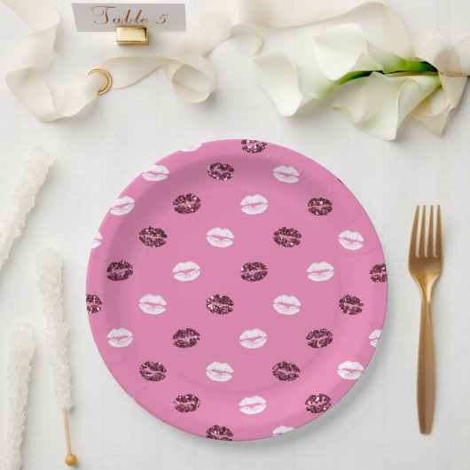 Roter Glitzer Weiße Küsse Lippen Pappteller (Hochzeit)
