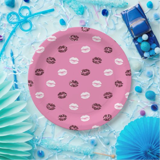 Roter Glitzer Weiße Küsse Lippen Pappteller (Party)