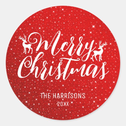 Roter Glitzer Weiße Typografie Rentiere Weihnachte Runder Aufkleber (Vorderseite)