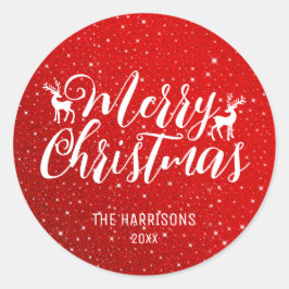 Roter Glitzer Weiße Typografie Rentiere Weihnachte Runder Aufkleber
