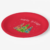 Roter glücklicher Urlaubstext, Sterne, Bäume, mode Pappteller (Schrägansicht)