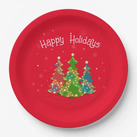 Roter glücklicher Urlaubstext, Sterne, Bäume, mode Pappteller (Vorderseite)