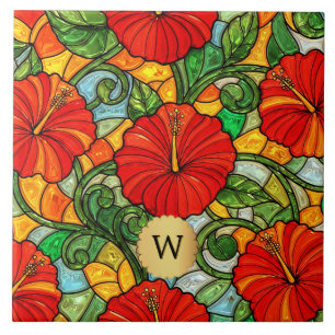 Roter Gold-Hibiskus-Falsches-Buntglas-Monogramm Fliese