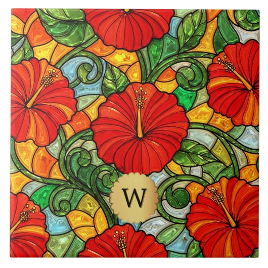Roter Gold-Hibiskus-Falsches-Buntglas-Monogramm Fliese (Vorderseite)