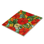 Roter Gold-Hibiskus-Falsches-Buntglas-Monogramm Fliese (Seite)