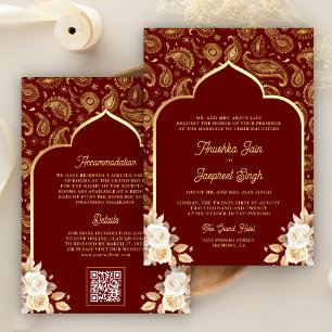 Roter Gold Paisley Blumen QR Code Indische Hochzei Einladung
