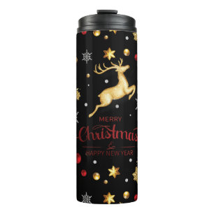 Roter Gold-Rentier-Frohe-Weihnachten-Baum  Thermosbecher