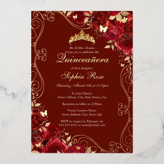 Roter Goldbarmherziger Blumenwirbel Quinceanera Folieneinladung (Vorderseite)